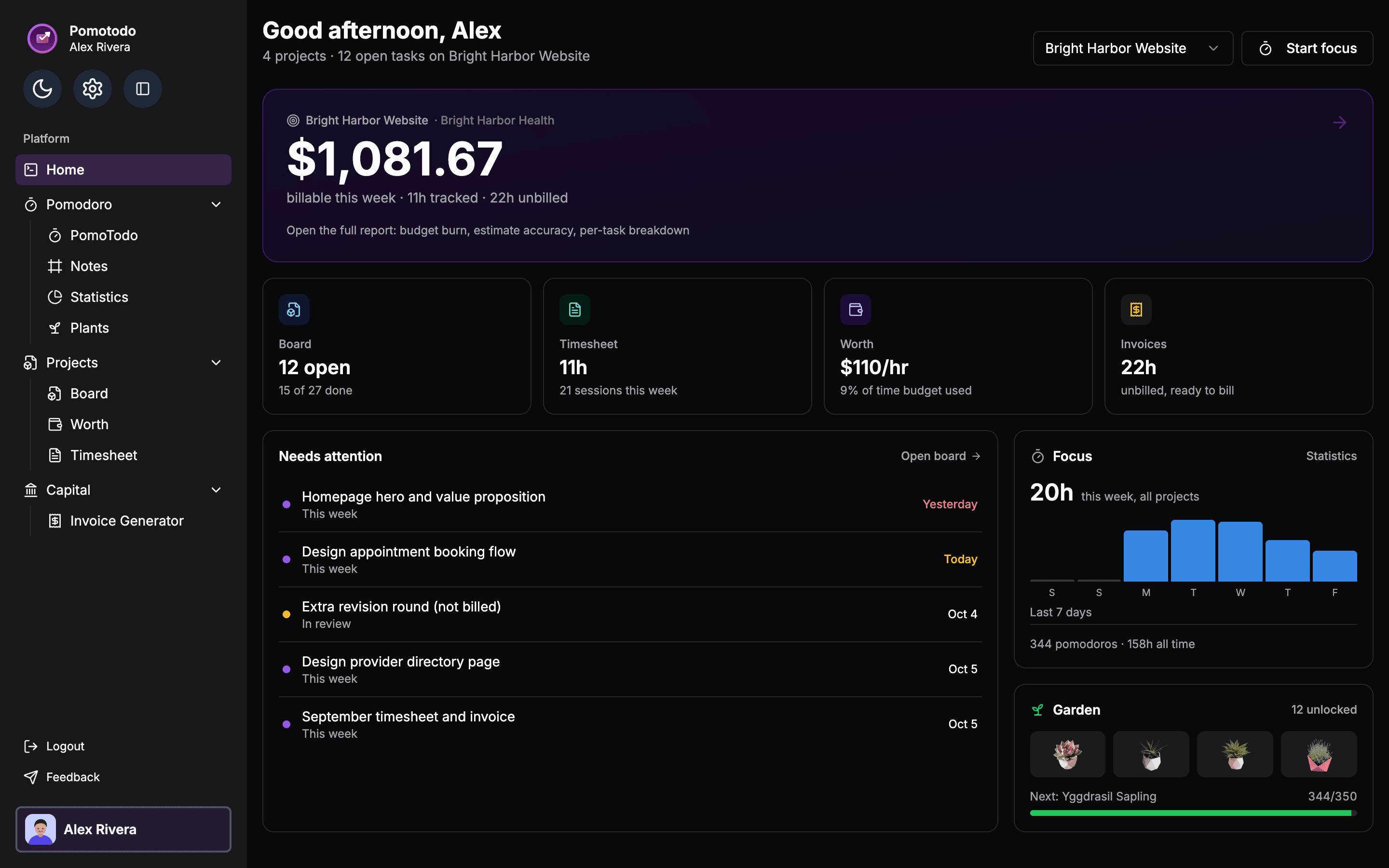 The PomoTodo dashboard: a 25 minute Pomodoro timer, a statistics panel showing tasks done, a list of active projects, and a garden of plants unlocked by completing sessions